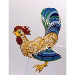 Vintage Topazio Portugal Sterling Filigree Enamel Rooster Brooch~Signed